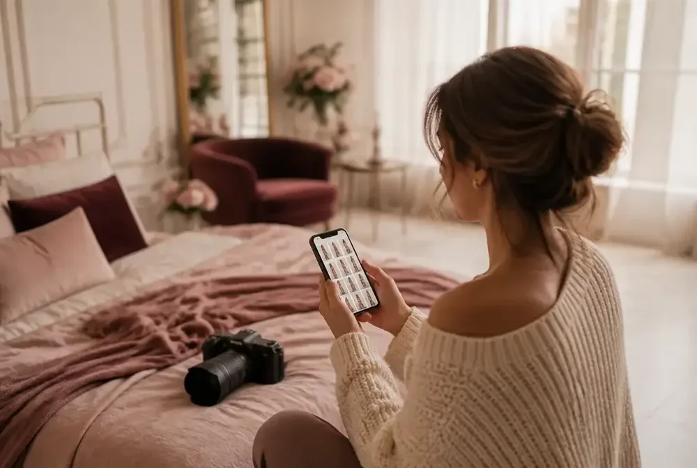 Fotografin schaut sich vor dem Shooting Boudoir-Posen auf dem Handy an