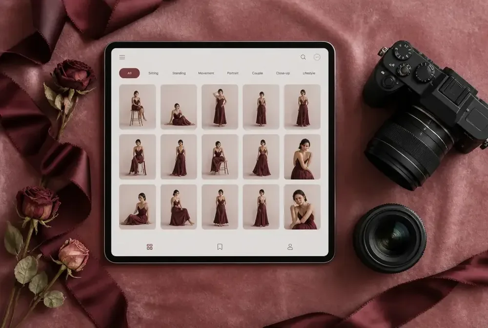 The Boudoir Playbook, nach Shooting-Bereichen sortiert, auf einem Tablet