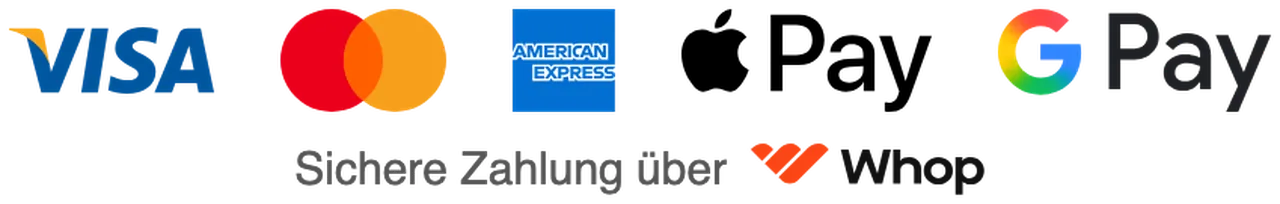 Visa, Mastercard, American Express, Apple Pay, Google Pay. Sichere Zahlung über Whop